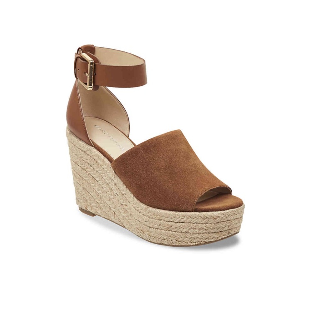 Marc Fisher Tan/Brown Suede Espadrille Ankle-Strap Wedge